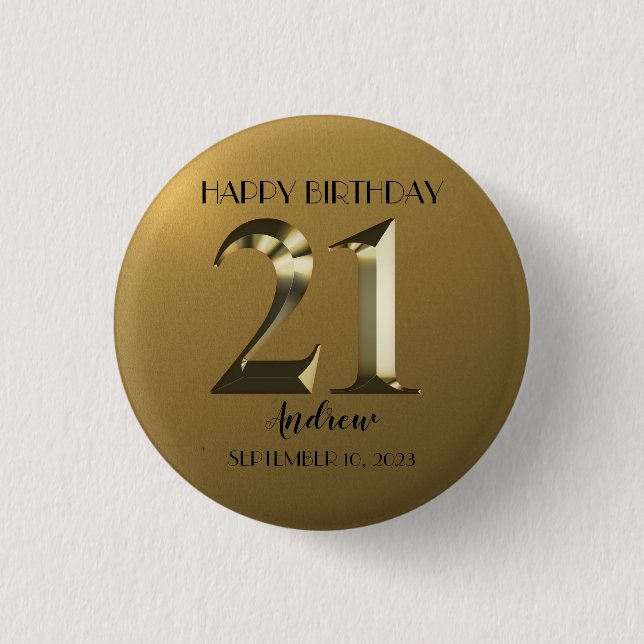 Metallic golden 21st birthday button (Front)