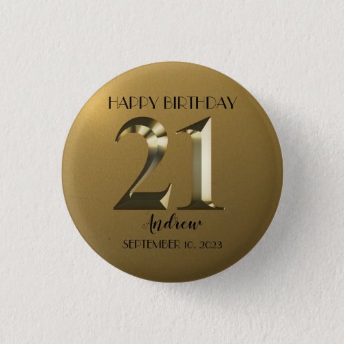 Metallic golden 21st birthday button