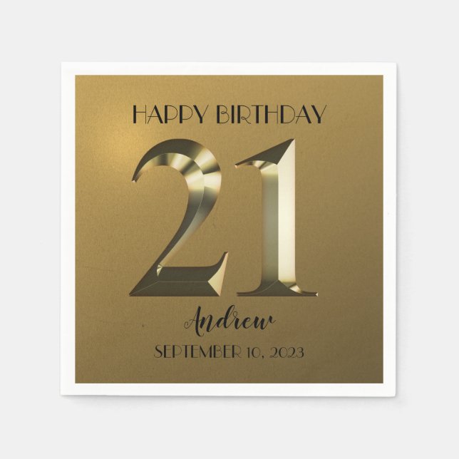 Metallic golden 21st birthday napkins (Front)