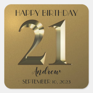 Metallic golden 21st birthday square sticker