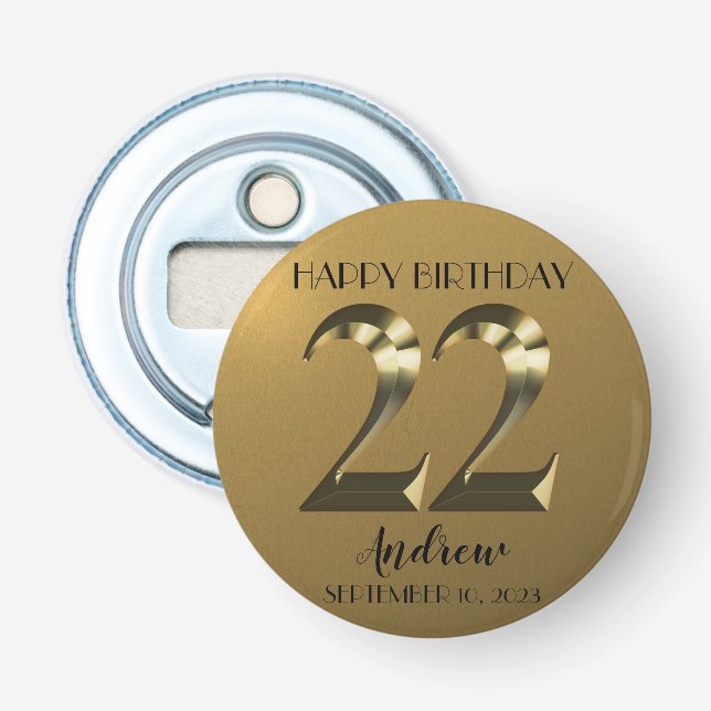 Metallic golden 22th birthday bottle opener (Front)