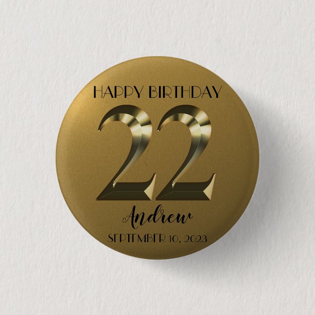 Metallic golden 22th birthday button (Front)