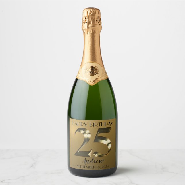 Metallic golden 25th birthday sparkling wine label (Front)