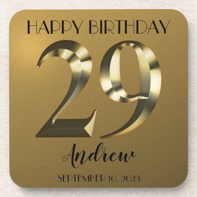 Metallic golden 29th birthday beverage coaster (Front)