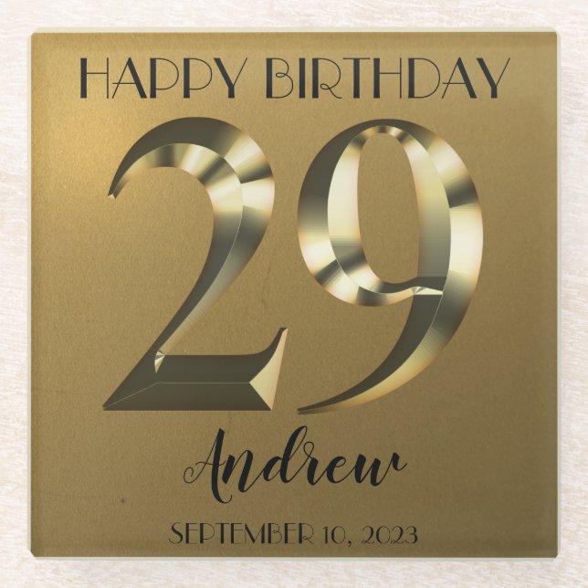 Metallic golden 29th birthday glass coaster