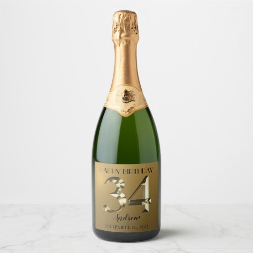 Metallic golden 34th birthday sparkling wine label