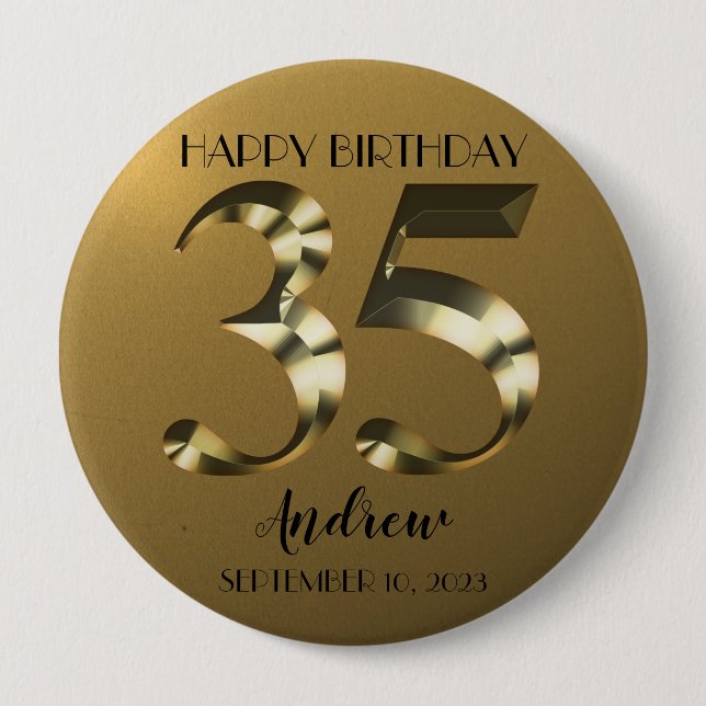 Metallic golden 35th birthday button (Front)
