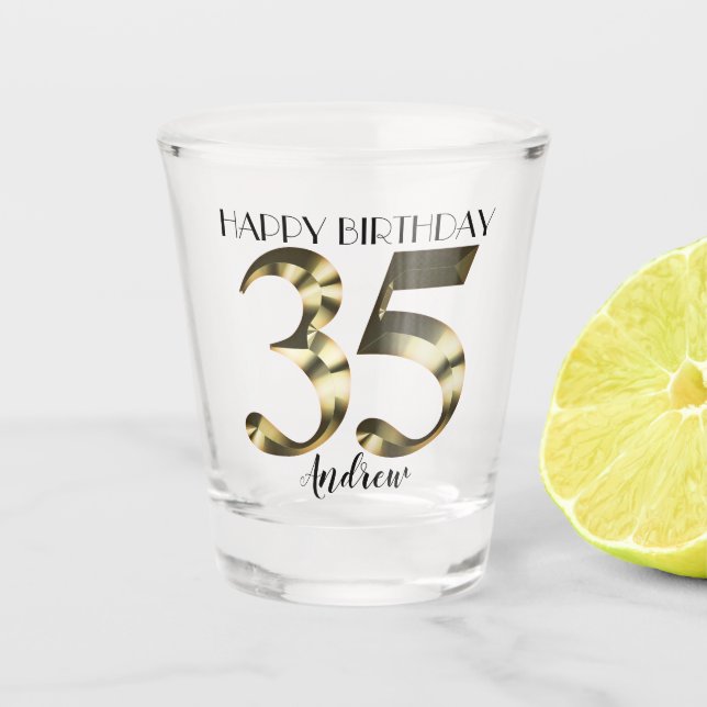Metallic golden 35th birthday shot glass (Front)