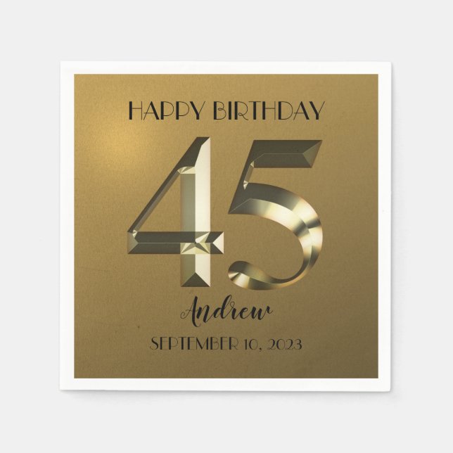Metallic golden 45th birthday napkins (Front)