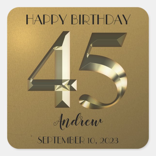 Metallic golden 45th birthday square sticker (Front)