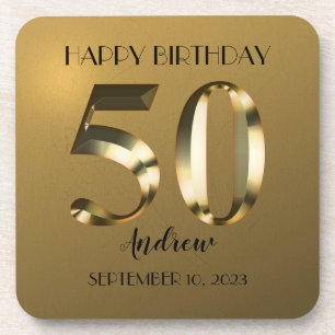 Metallic golden 50th birthday beverage coaster