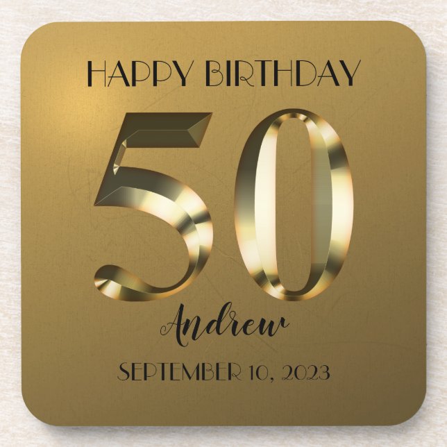 Metallic golden 50th birthday beverage coaster (Front)