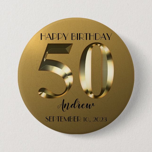 Metallic golden 50th birthday button (Front)