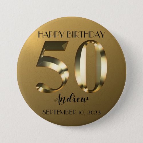 Metallic golden 50th birthday button