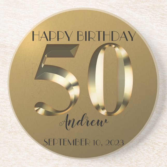 Metallic golden 50th birthday coaster (Front)