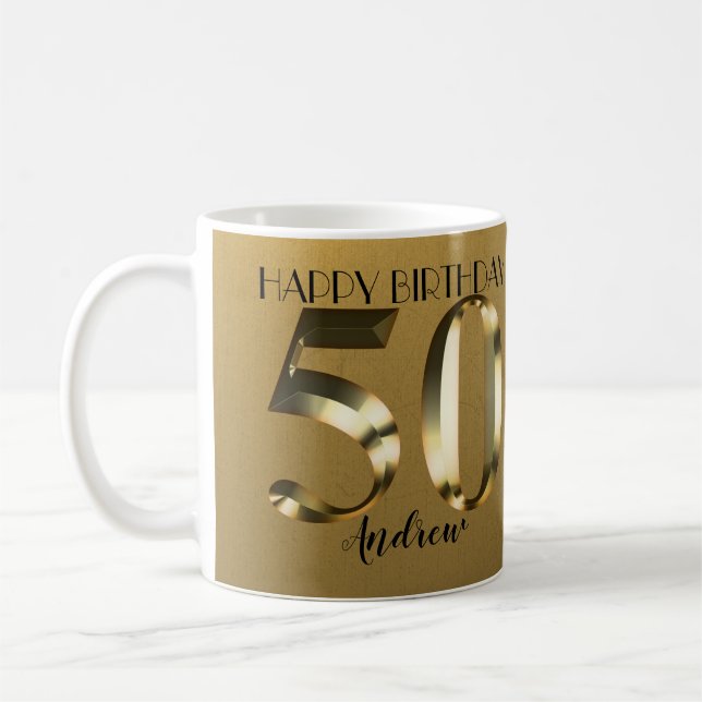Metallic golden 50th birthday coffee mug (Left)