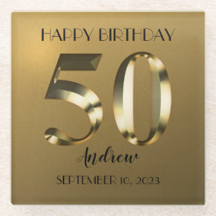 Metallic golden 50th birthday glass coaster
