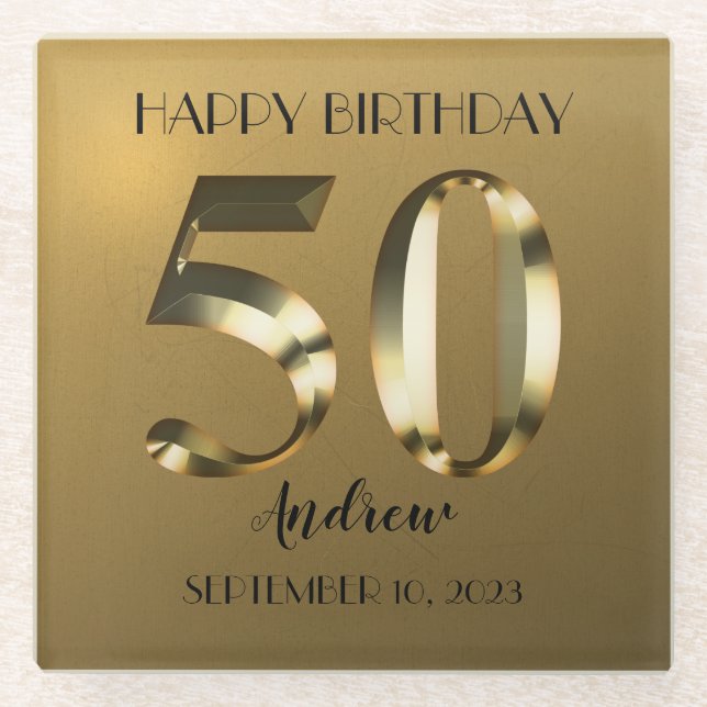 Metallic golden 50th birthday glass coaster (Front)