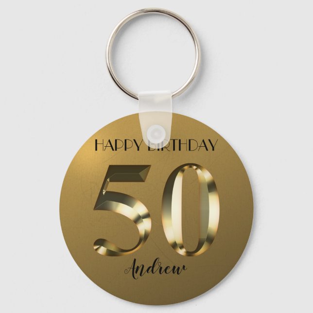 Metallic golden 50th birthday keychain (Front)