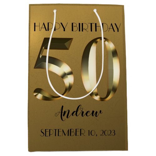 Metallic golden 50th birthday medium gift bag