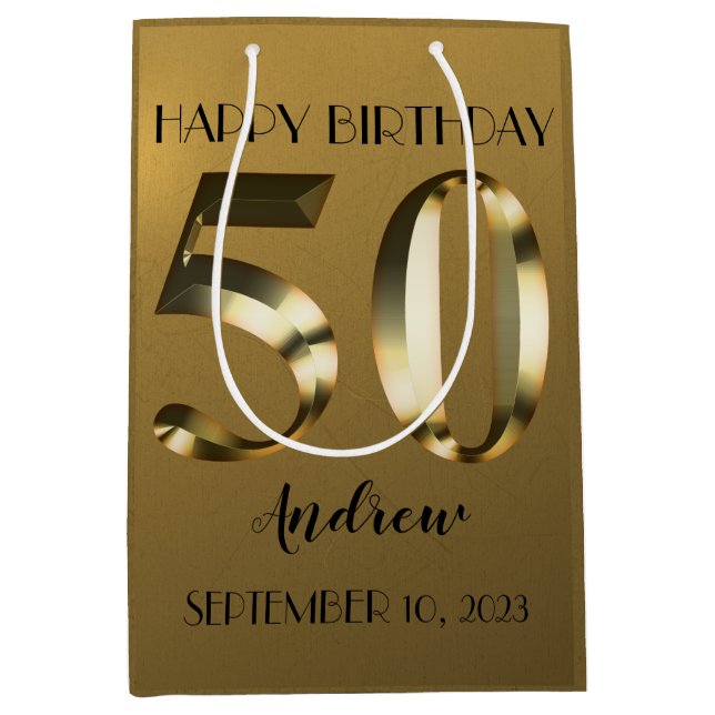 Metallic golden 50th birthday medium gift bag (Front)