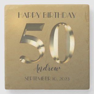 Metallic golden 50th birthday stone coaster