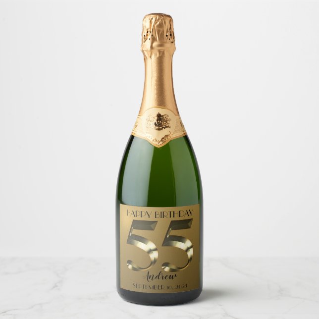 Metallic golden 55th birthday sparkling wine label (Front)