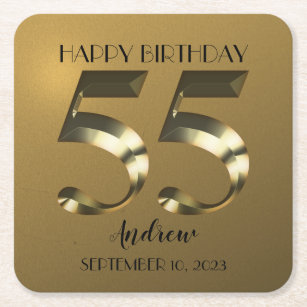 Metallic golden 55th birthday square paper coaster