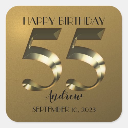 Metallic golden 55th birthday square sticker