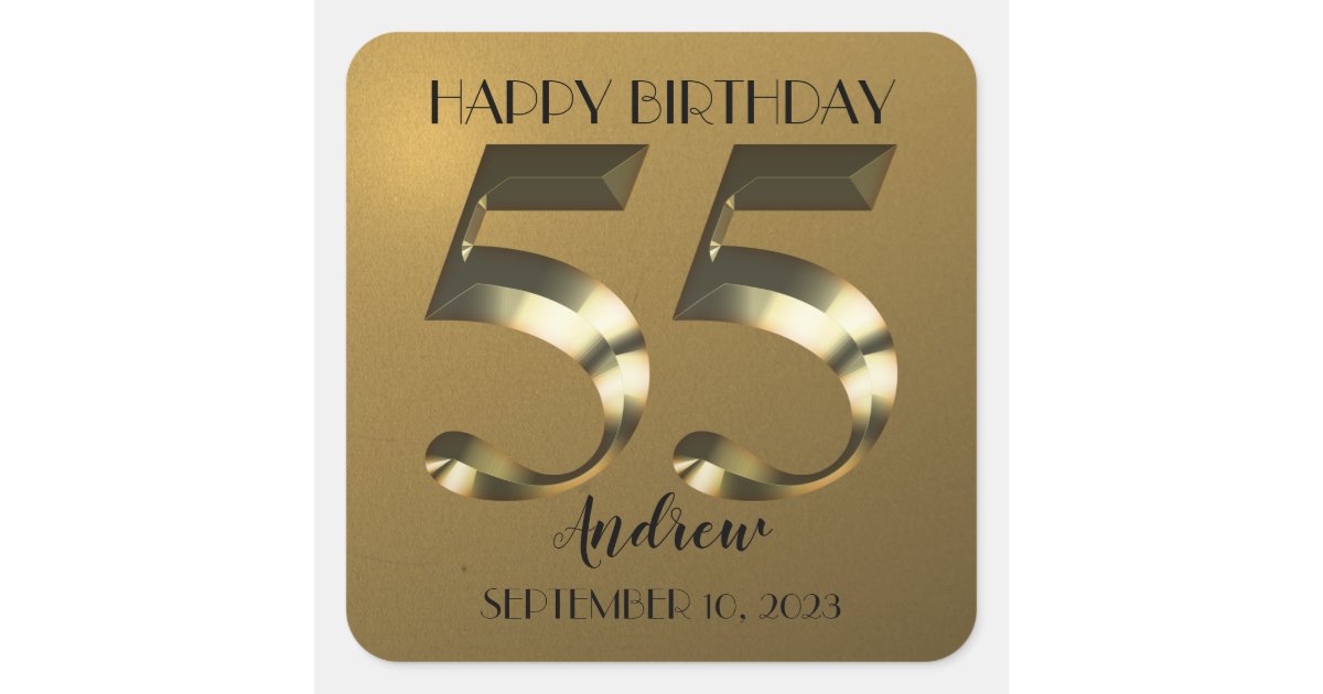 Metallic golden 55th birthday square sticker | Zazzle
