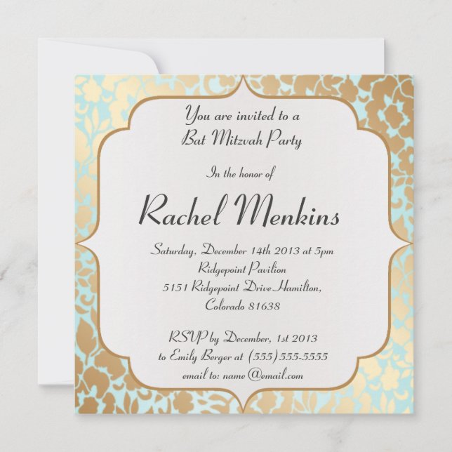 Metallic Golden Aqua Bat Mitzvah Invitation (Front)