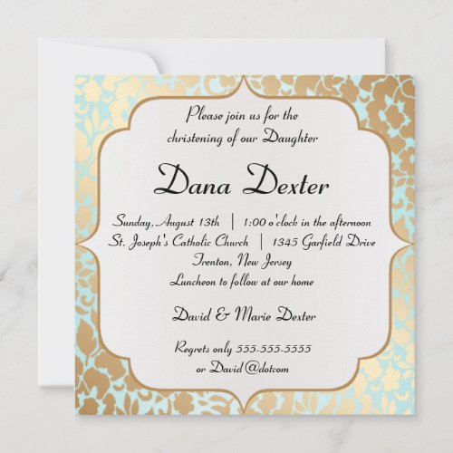 Metallic Golden Aqua Floral Baptism Invitation