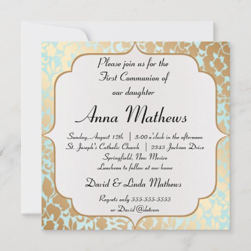 Metallic Golden Aqua Floral First Communion Custom Invites
