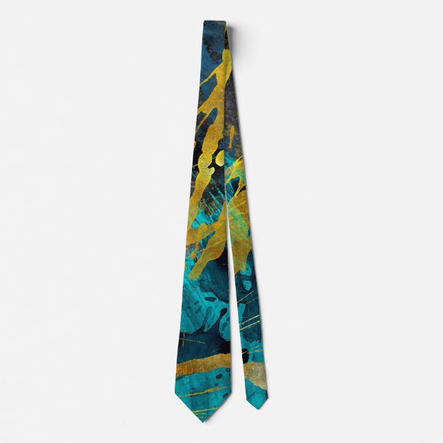 Metallic Golden Blue Textures Neck Tie (Front)