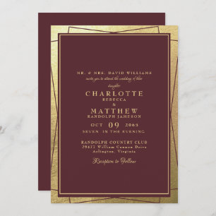 Metallic Golden Elegance & Burgundy Wedding Invitation