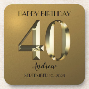 Metallic golden foil 40th birthday beverage coaster
