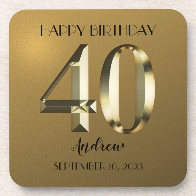 Metallic golden foil 40th birthday beverage coaster (Front)