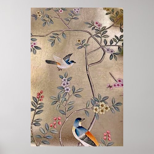 Metallic Golden Garden Chinoiserie with Song Birds Poster