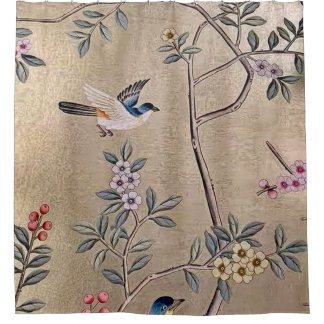 Metallic Golden Garden Chinoiserie with Song Birds Shower Curtain