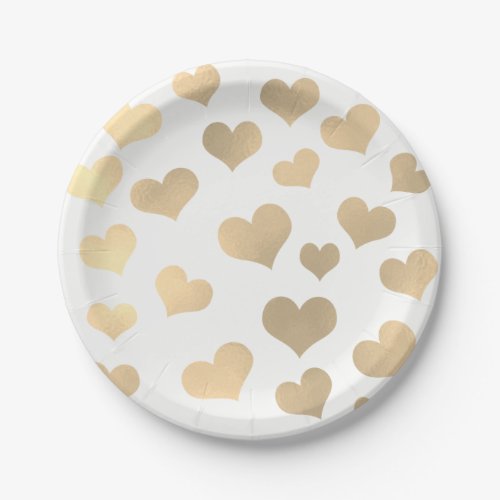 Metallic Golden Hearts Confetti White Delicate Paper Plates
