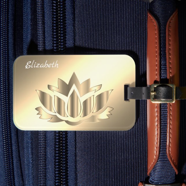 Metallic golden lotus flower luggage tag (Front Insitu 4)