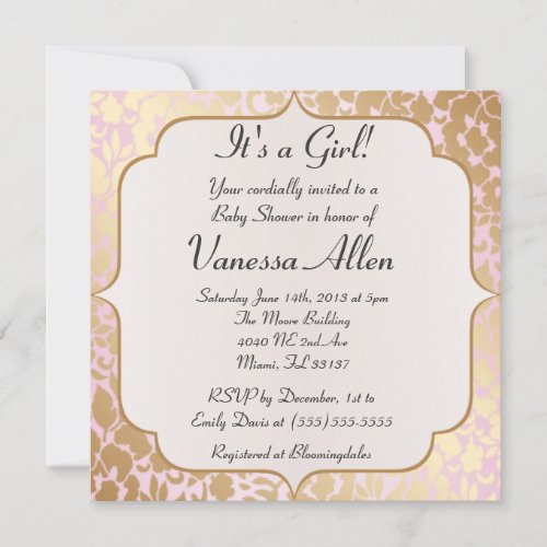 Metallic Golden Rose Pink Baby Shower Invitation