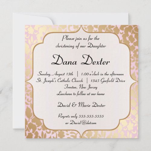 Metallic Golden Rose Pink Baptism Invitation