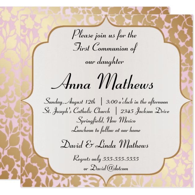 Metallic Golden Rose Pink First Communion Invite