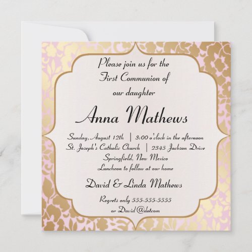 Metallic Golden Rose Pink First Communion Invite