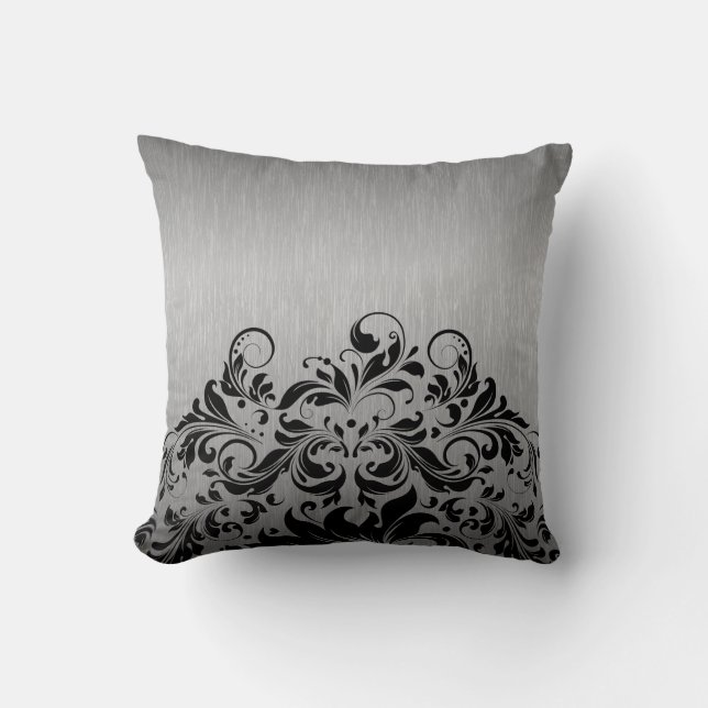 Metallic Gray & Black Floral Lace Throw Pillow (Front)