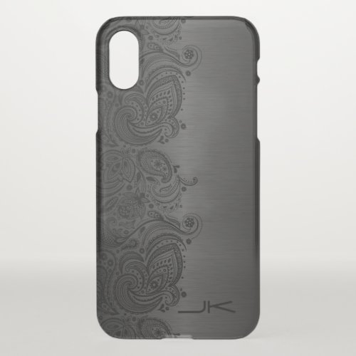 Metallic Gray Brushed Aluminum  Black Floral Lace iPhone X Case