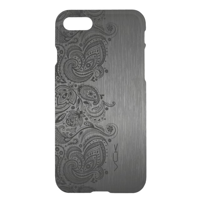 Metallic Gray Brushed Aluminum Black Paisley Lace Uncommon iPhone Case (Back)
