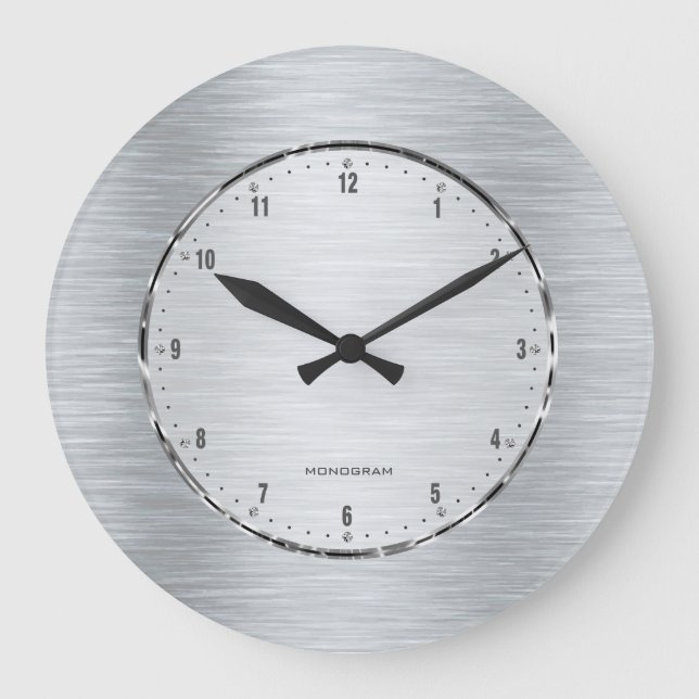 Metallic Gray Brushed Aluminum Look Large Clock (Front)