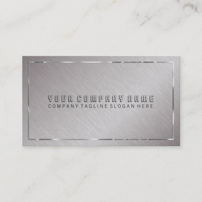 Metallic Gray Brushed Steel, Silver Border Accents Business Card (Front)